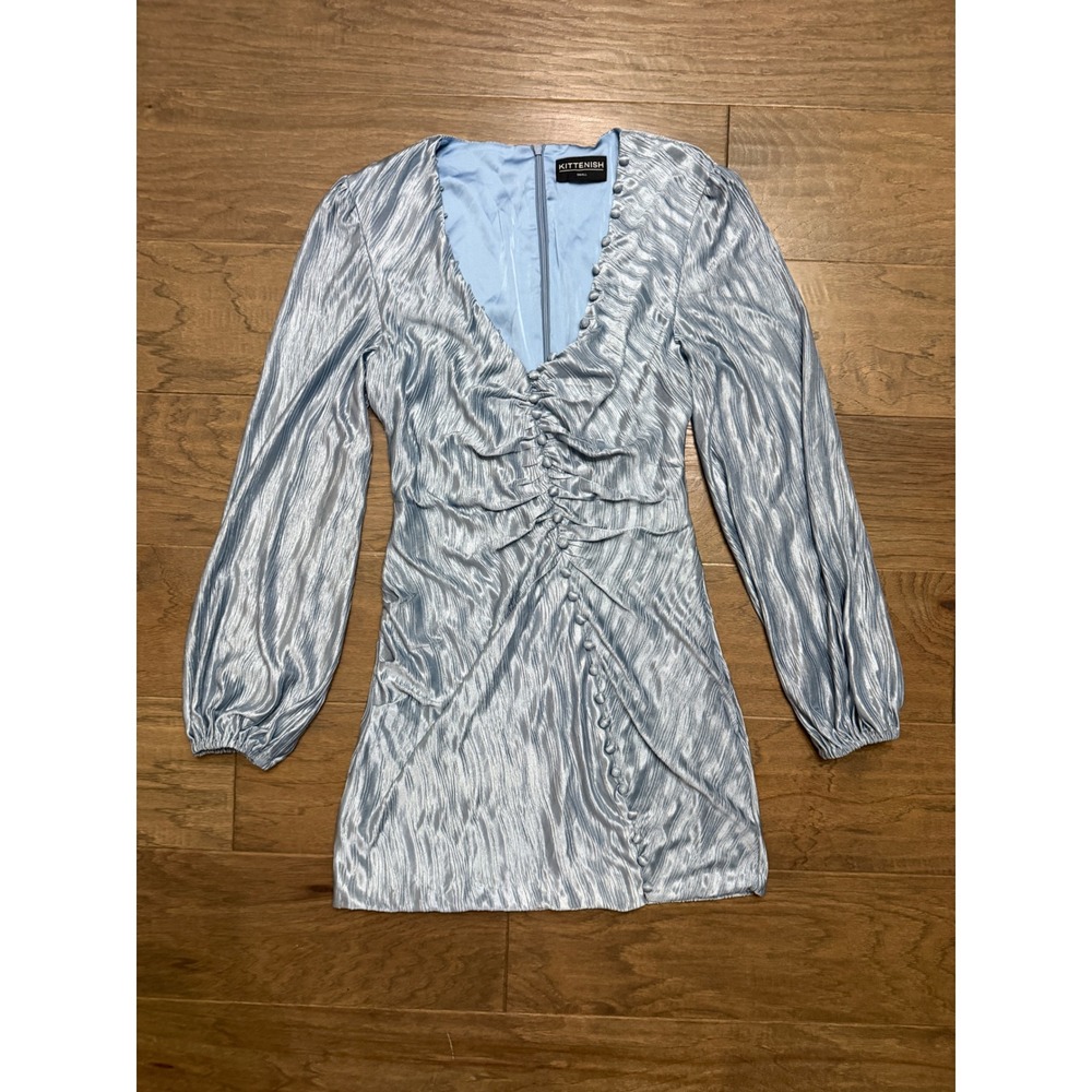 Kittenish Mini Dress Womens Small Light Blue Polyester Textured Ruched Party